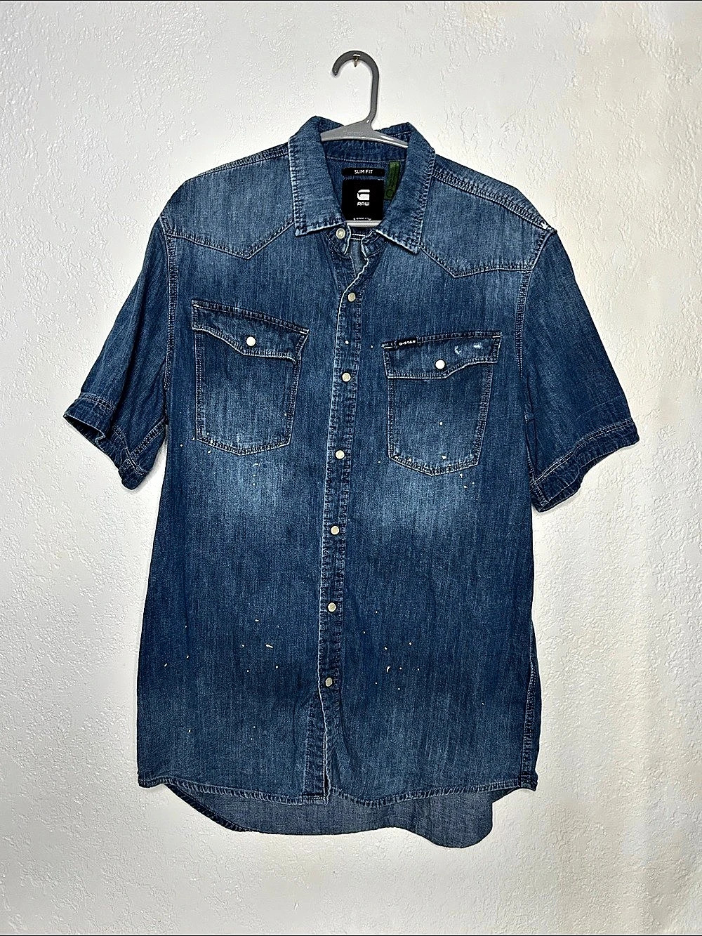 G-Star RAW Slim Fit Denim Short Sleeve Shirt Size Large